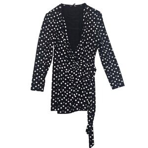 Anne Klein Polka Dot Wrap Top Black White Grey Long Sleeve Blouse Small